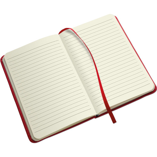Libreta de notas tamaño A5 con tapas de polipiel, páginas lineadas, marca páginas y cierre con goma.