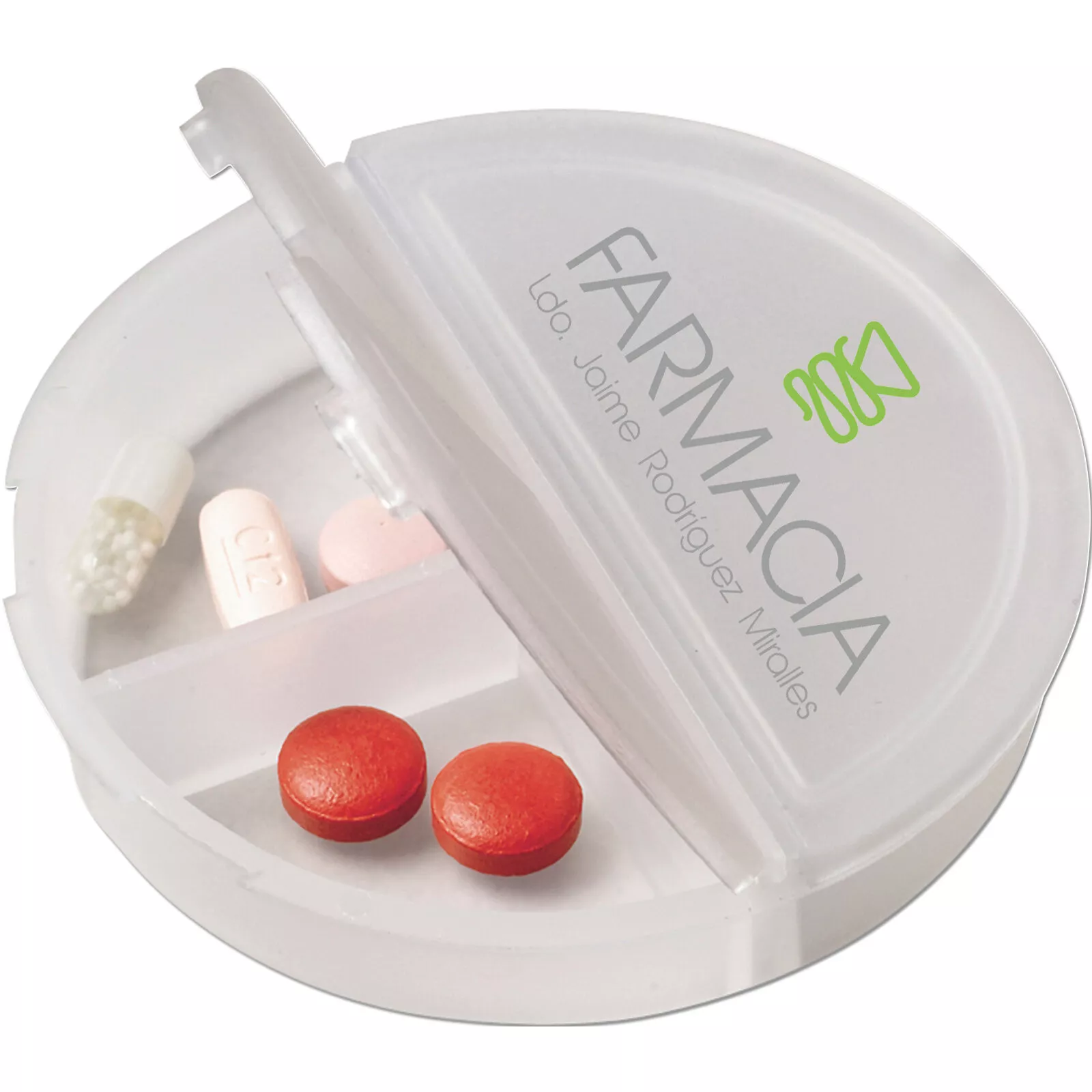 Pastillero redondo de plástico. 